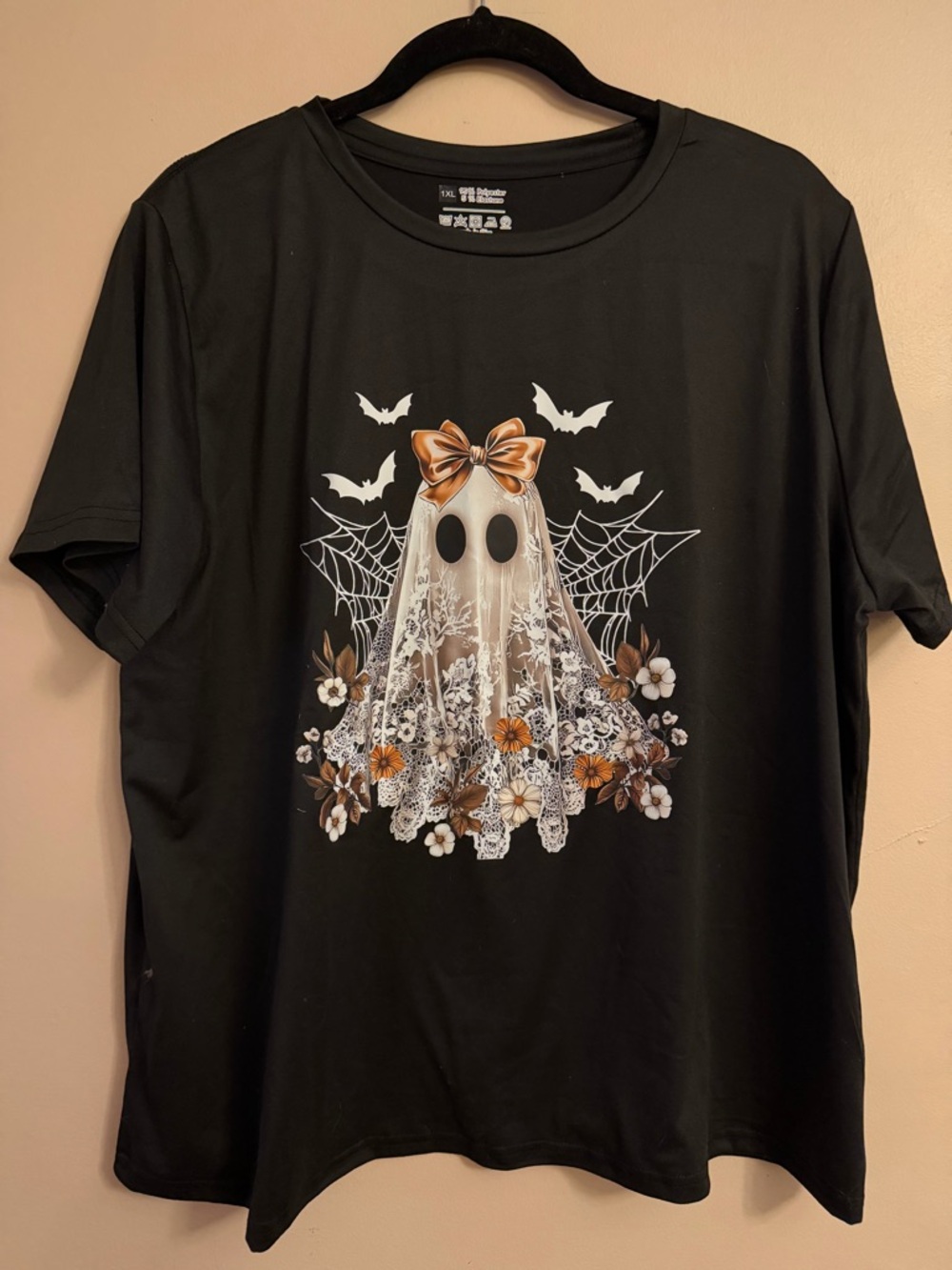 Black Halloween Ghost Tee with Orange Bow